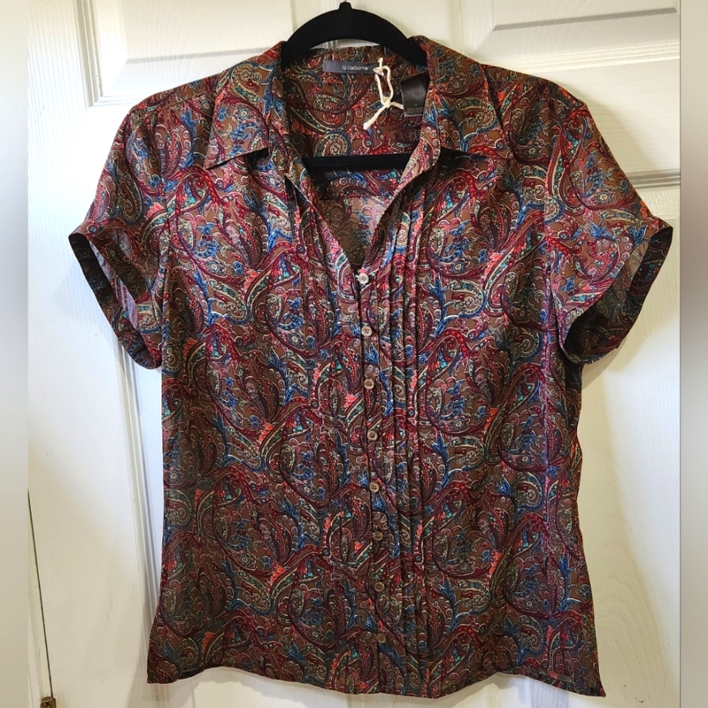 Liz Claiborne dark floral pattern sheer button up blouse women's size 10